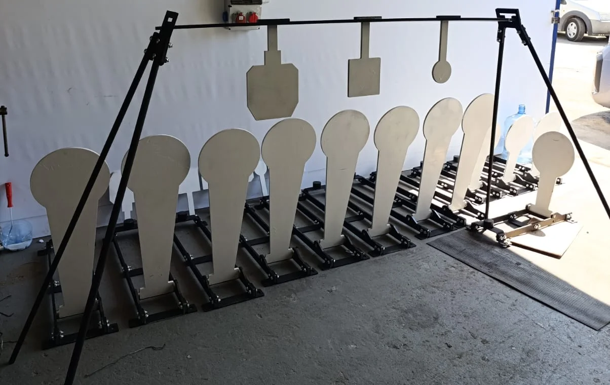 AYZET steel targets and hanging target frame at the AYZET production facility